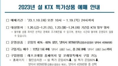 코레일 설날 명절 KTX 특가상품 할인예매 (60%/40%할인)