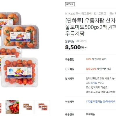 [티몬] 산지직송 스테비아 방울토마토500gx2팩 (8,500원) (무료배송)